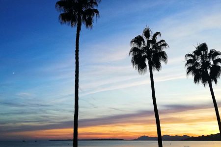 la vue de la terrasse avec un coucher de soleil sur la baie de Juan les pins
